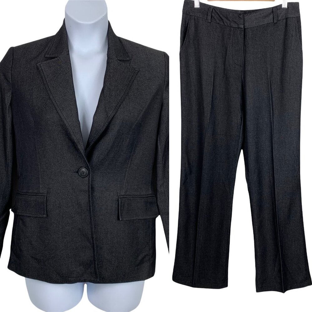 Chapter One Size 8 Suit Set Blazer Jacket Slacks Dark Gray Black Straight Leg